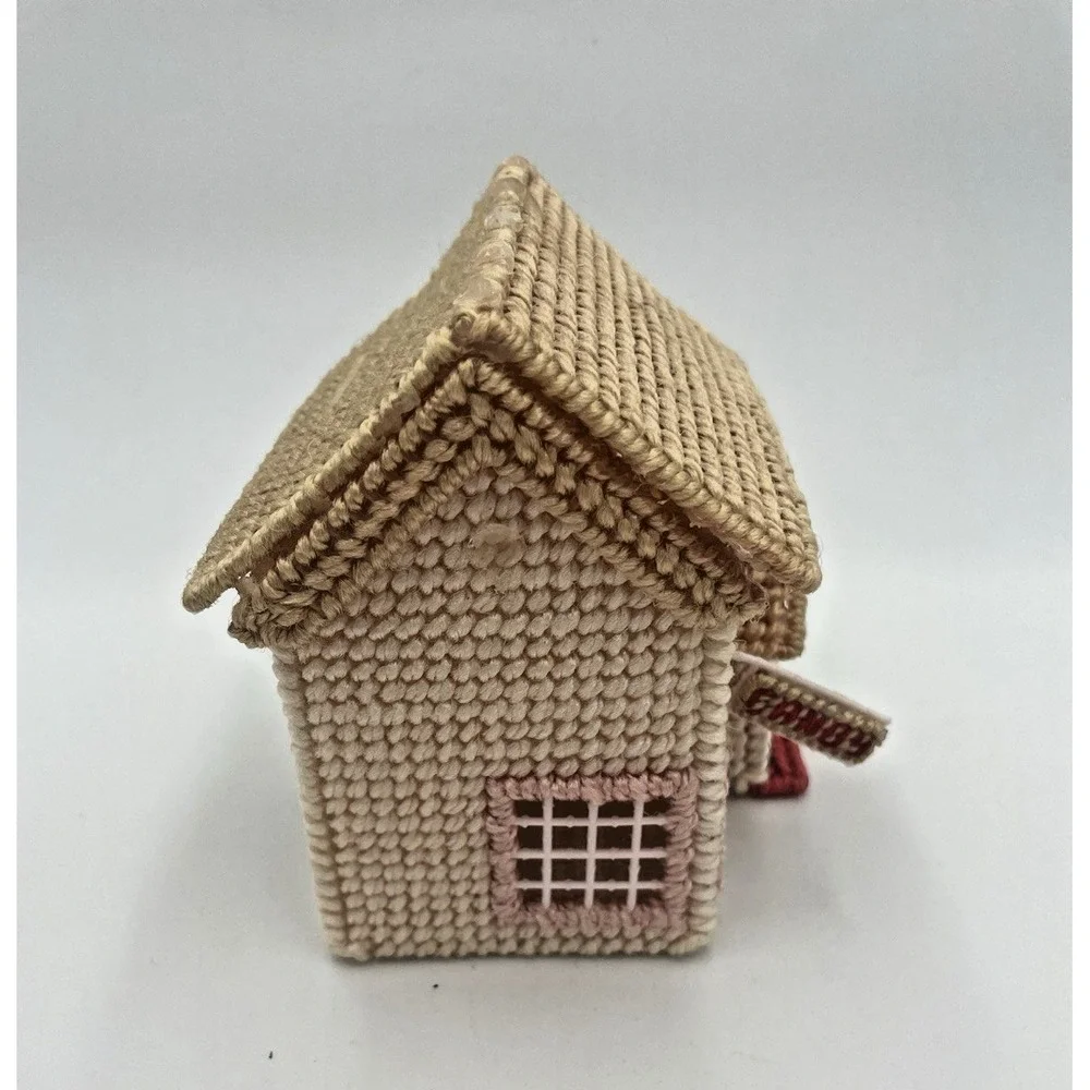 Vtg 70s Handmade Yarn Needlepoint Completed‎ School House Candy Plastic Canvas
